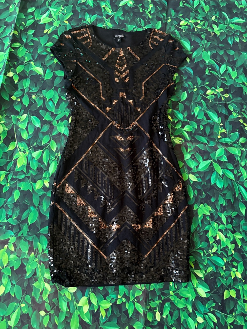 Express Black Mini Dress with Copper Sequin Geometric Detail